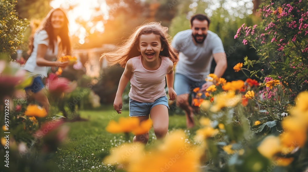 Fototapeta premium mom and dad chasing their laughing little child