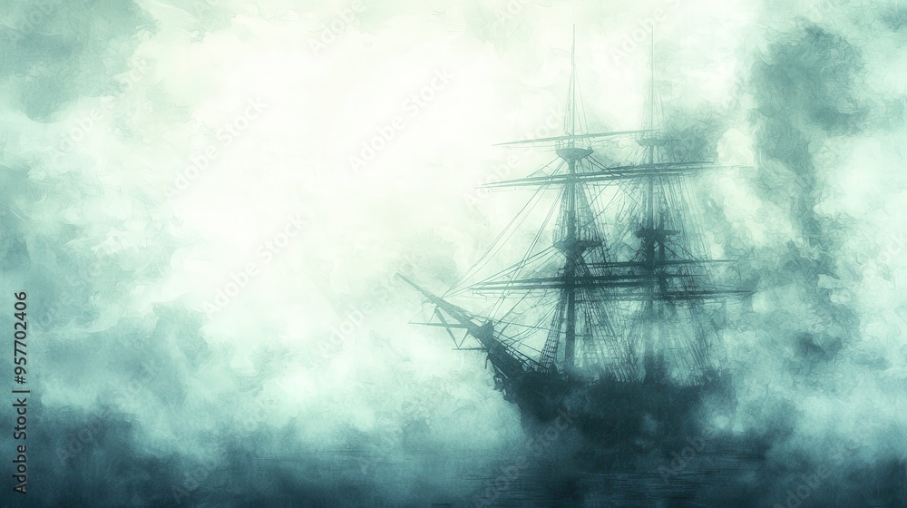 Mystical Ghost Ship Sailing Through Foggy Sea Mystical Ghost Ship Sailing Through Foggy Sea