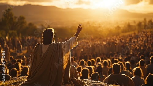 Silhouette of a Man Preaching to a Crowd at Sunset