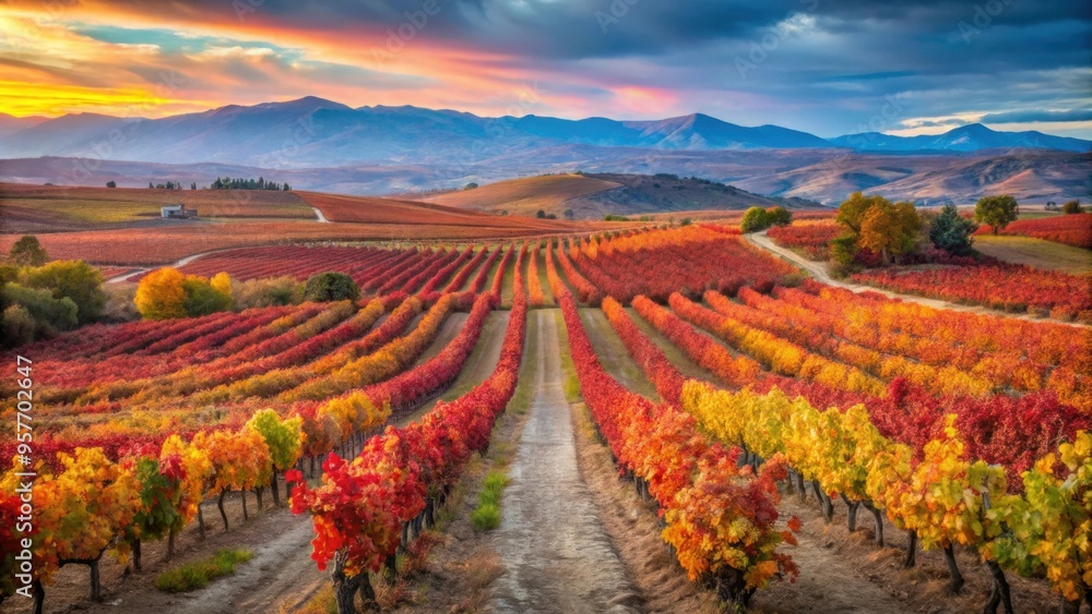 Vineyards in La Rioja with vibrant autumn colors of reds and oranges, vineyards, La Rioja, autumn, colors, red Vineyards in La Rioja with vibrant autumn colors of reds and oranges, vineyards, La Rioja, autumn, colors, red