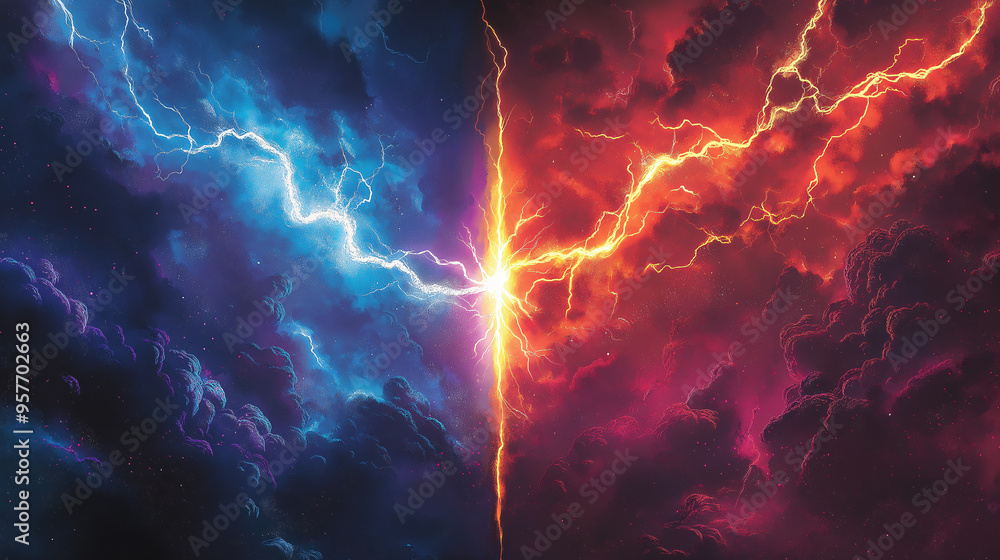 Dynamic Energy Lightning Strike in Blue and Red Sky - Abstract Power and Thunderbolt Art Dynamic Energy Lightning Strike in Blue and Red Sky - Abstract Power and Thunderbolt Art