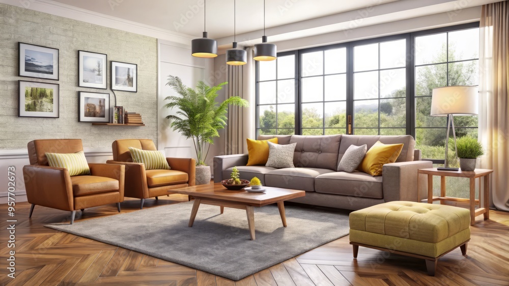 Elegant living room features a sleek sofa, plush armchair, and cushy ottoman, all accessible with flexible monthly Elegant living room features a sleek sofa, plush armchair, and cushy ottoman, all accessible with flexible monthly