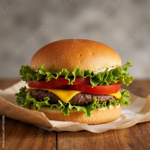 Mouthwatering Cheeseburger with Lettuce, Tomato, Onions on Sesame Seed Bun | Burger Image | Burger Closeup Shot