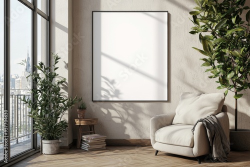 Poster Frame in Beige minimalist living room interior created with generative AI