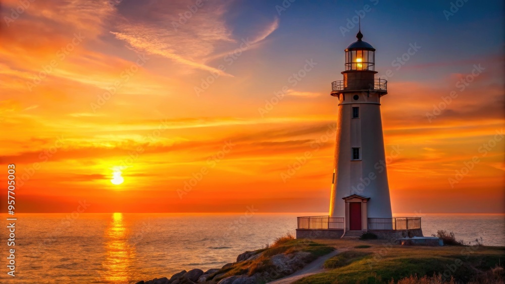 Lighthouse engulfed in the warm glow of orange sunset light, emanating feelings of comfort and tranquility, lighthouse Lighthouse engulfed in the warm glow of orange sunset light, emanating feelings of comfort and tranquility, lighthouse