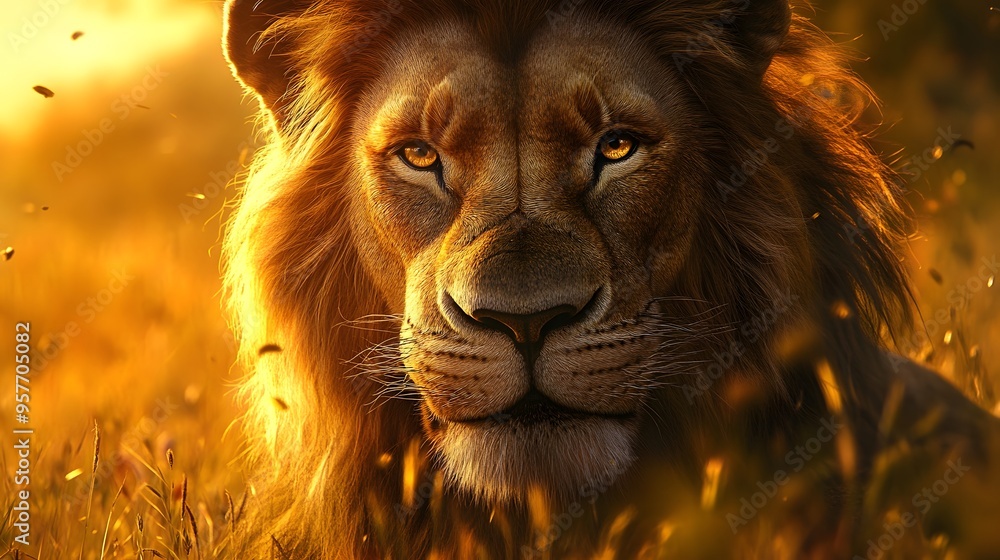 Naklejka premium Close-up of a lion under a golden sunset