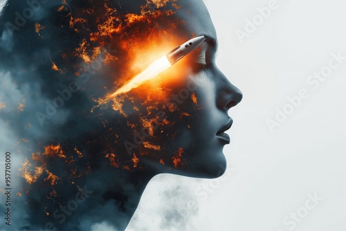 Woman profile with rocket launching from head