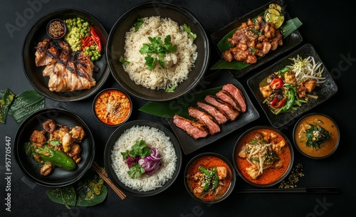 A table full of delicious Thai dishes, including rice, meat, and curry.