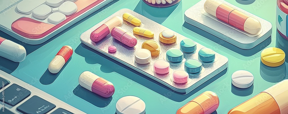 Colorful digital illustration of prescription drug adherence, showing a patient’s organized medication routine with visual reminders. Colorful digital illustration of prescription drug adherence, showing a patient’s organized medication routine with visual reminders.