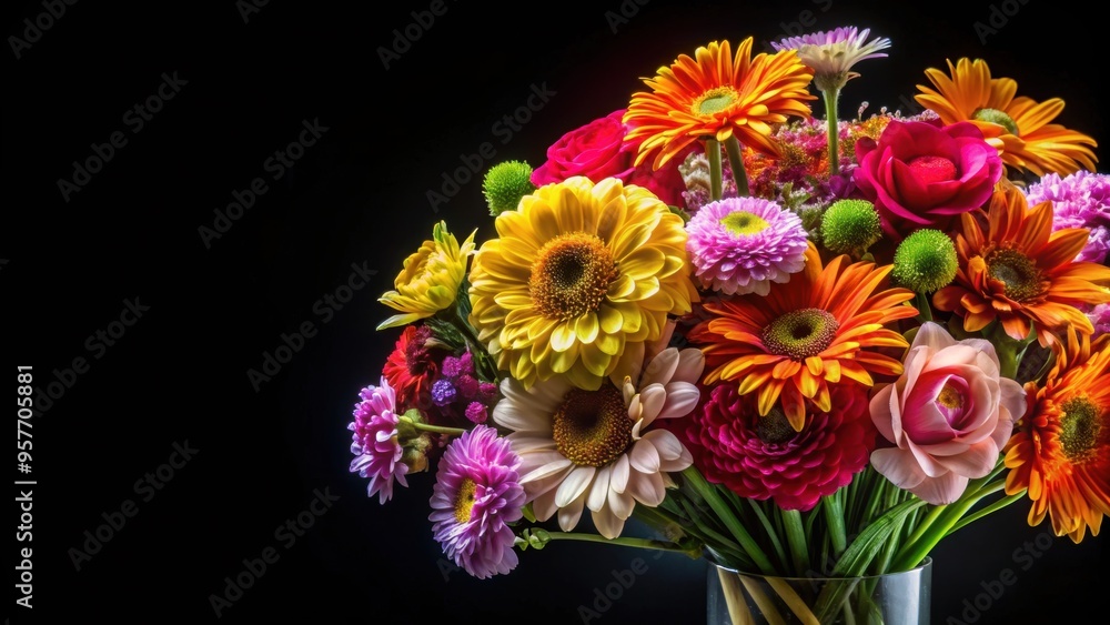 Bouquet of colorful flowers against a black background, flowers, bouquet, vibrant, petals, floral arrangement Bouquet of colorful flowers against a black background, flowers, bouquet, vibrant, petals, floral arrangement