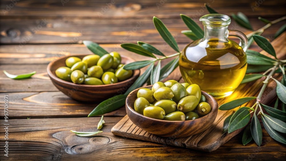 Green olives in oil with olive branch on wooden table, green olives, olive branch, oil, rustic, wooden table Green olives in oil with olive branch on wooden table, green olives, olive branch, oil, rustic, wooden table