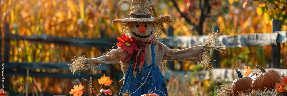 Scarecrow surveilling the fall bounty in the garden Scarecrow surveilling the fall bounty in the garden