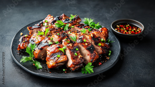 A plate of perfectly grilled pork chops garnished with fresh parsley, served with a side of dipping sauce on a dark background.