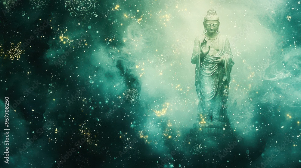 Fototapeta premium Buddha Statue in a Green Nebula with Sparkling Stars