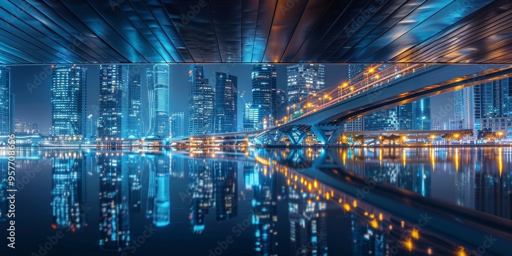 Night cityscape with illuminated bridges and waterfront reflections, showcasing the beauty of urban infrastructure at night Night cityscape with illuminated bridges and waterfront reflections, showcasing the beauty of urban infrastructure at night