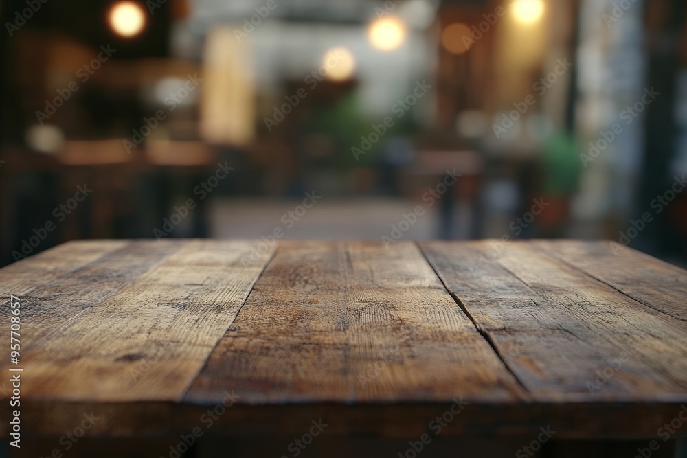 Rustic wooden table top with blurred cafe background. Rustic wooden table top with blurred cafe background.