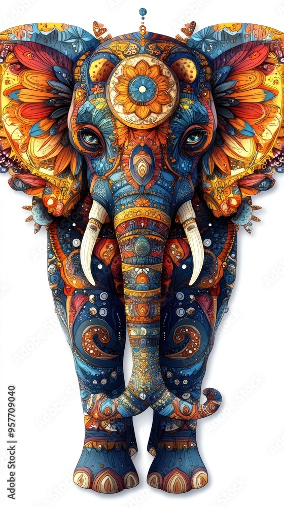 Fototapeta premium A colorful, ornate, detailed illustration of an elephant with intricate patterns on its body.