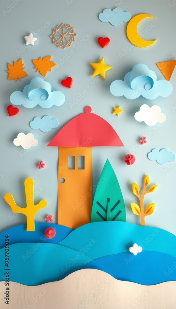 A paper craft scene with a house, trees, a crescent moon, and stars. A paper craft scene with a house, trees, a crescent moon, and stars.