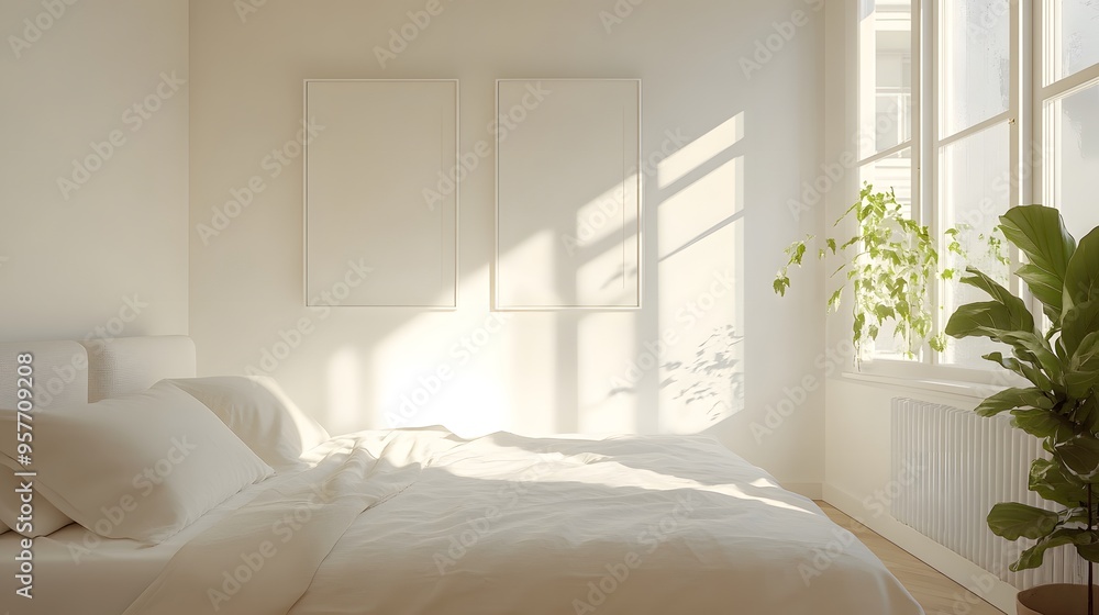A bright and airy bedroom with white walls, a large bed with white linens, two blank frames, and a plant in the corner. Sunbeams stream through the window. A bright and airy bedroom with white walls, a large bed with white linens, two blank frames, and a plant in the corner. Sunbeams stream through the window.