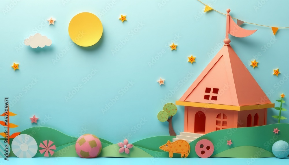 Colorful paper craft scene with a house, sun, stars, clouds, and a pig. Colorful paper craft scene with a house, sun, stars, clouds, and a pig.