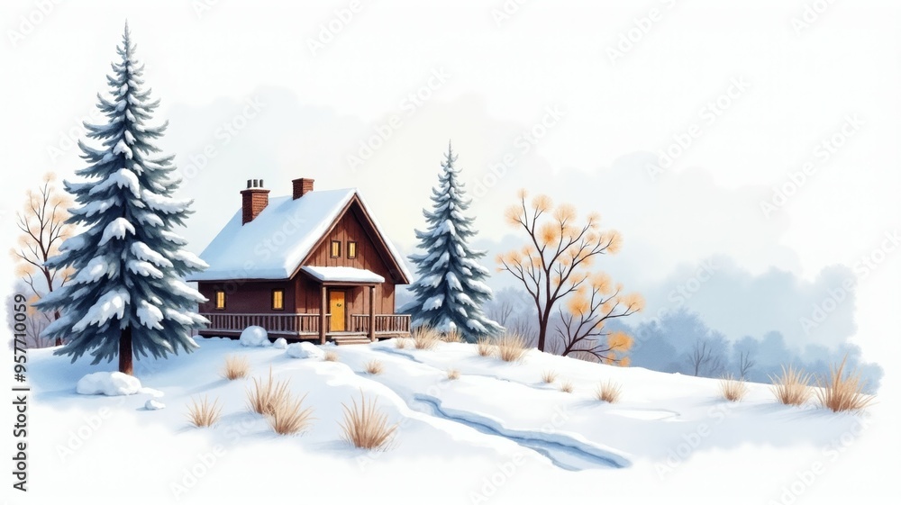A cabin in the woods with a snowy landscape A cabin in the woods with a snowy landscape