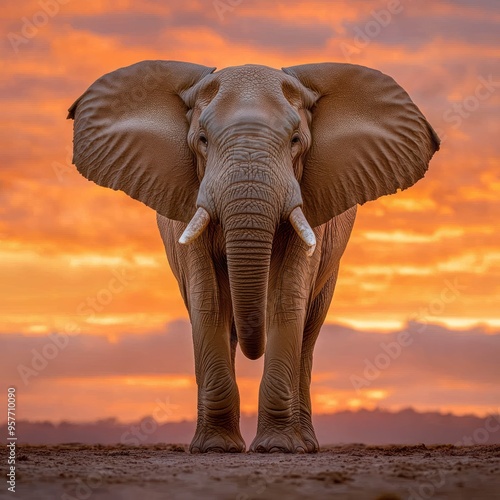 Majestic Elephant Standing Against a Vibrant Sunset photo