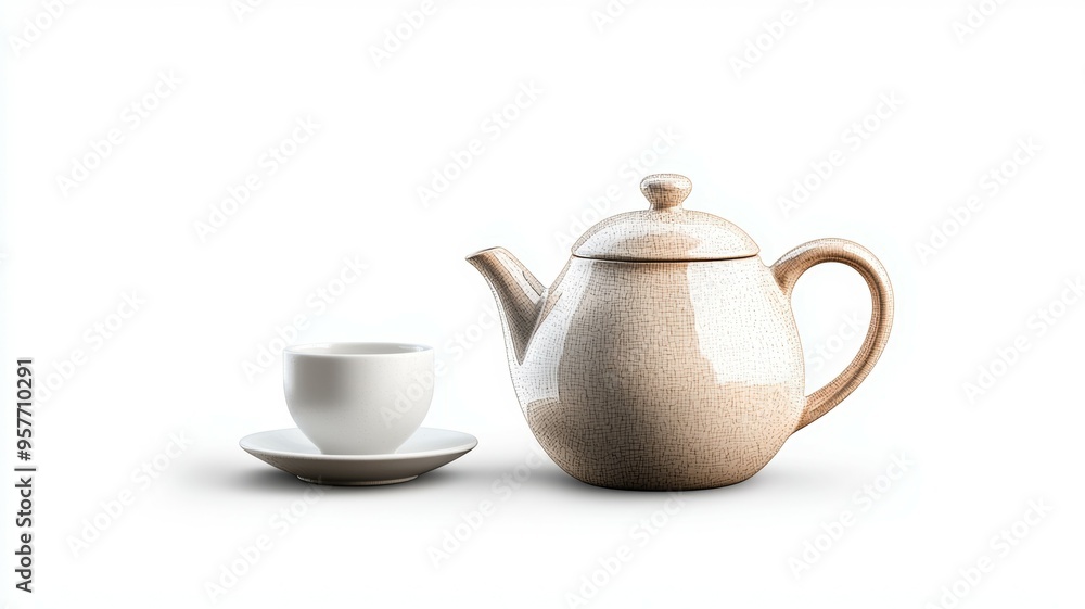 A white tea kettle sits on a white saucer next to a white cup A white tea kettle sits on a white saucer next to a white cup