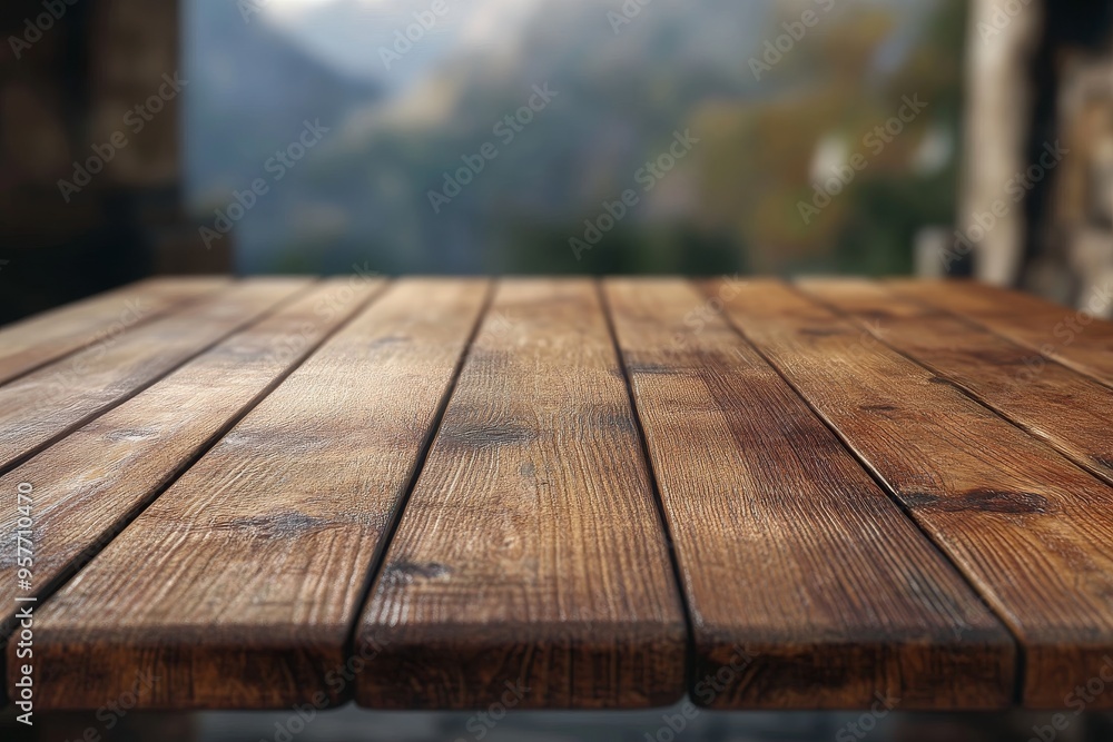 Close-up of a rustic wooden tabletop with a blurred background of a forest. Close-up of a rustic wooden tabletop with a blurred background of a forest.