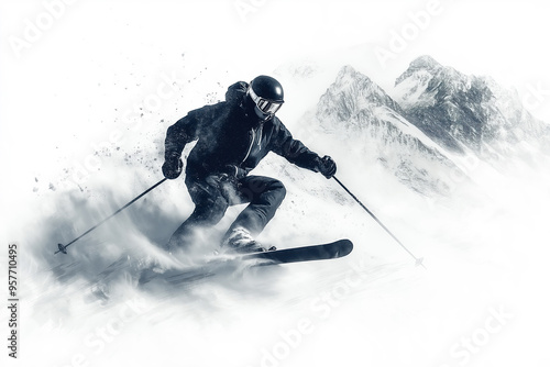 Professional skier going downhill fast with snowkiting effect