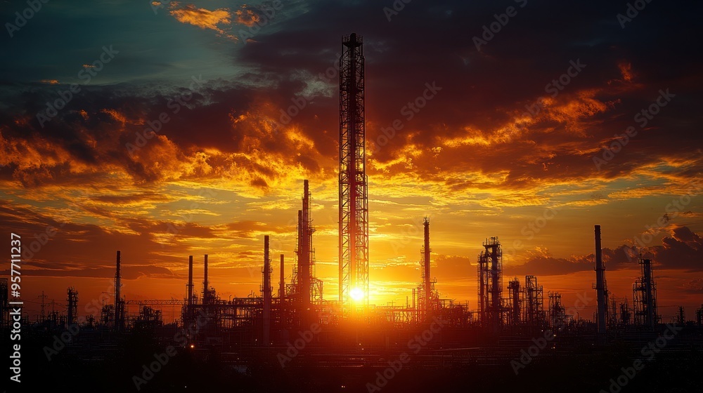 Fototapeta premium Silhouetted Industrial Complex at Sunset