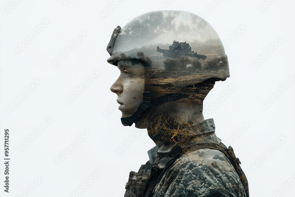 Soldier wearing helmet thinking about war and battlefield memories Soldier wearing helmet thinking about war and battlefield memories