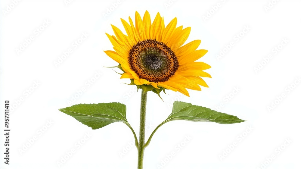 A single yellow sunflower with a green stem and leaves A single yellow sunflower with a green stem and leaves