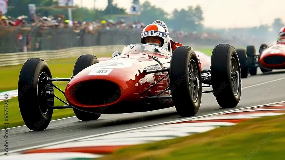 a classic race car and driver on a track . a classic race car and driver on a track .
