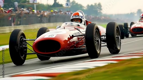 a classic race car  and  driver  on  a track .