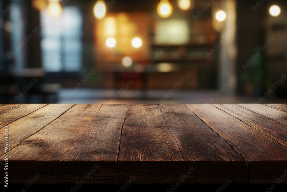 Wooden table top with a blurred background of a cafe or restaurant. Wooden table top with a blurred background of a cafe or restaurant.