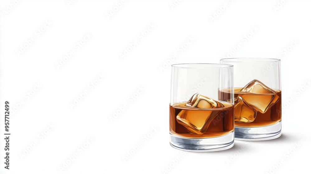 Two glasses of liquor with ice cubes in them Two glasses of liquor with ice cubes in them