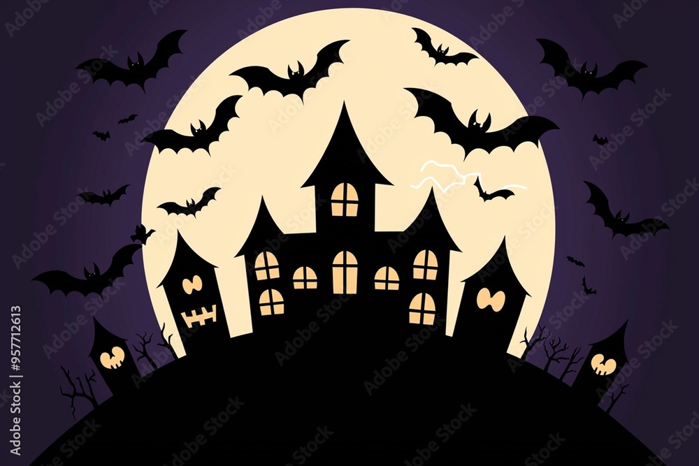 Haunted House Silhouette Against Full Moon with Bats Haunted House Silhouette Against Full Moon with Bats