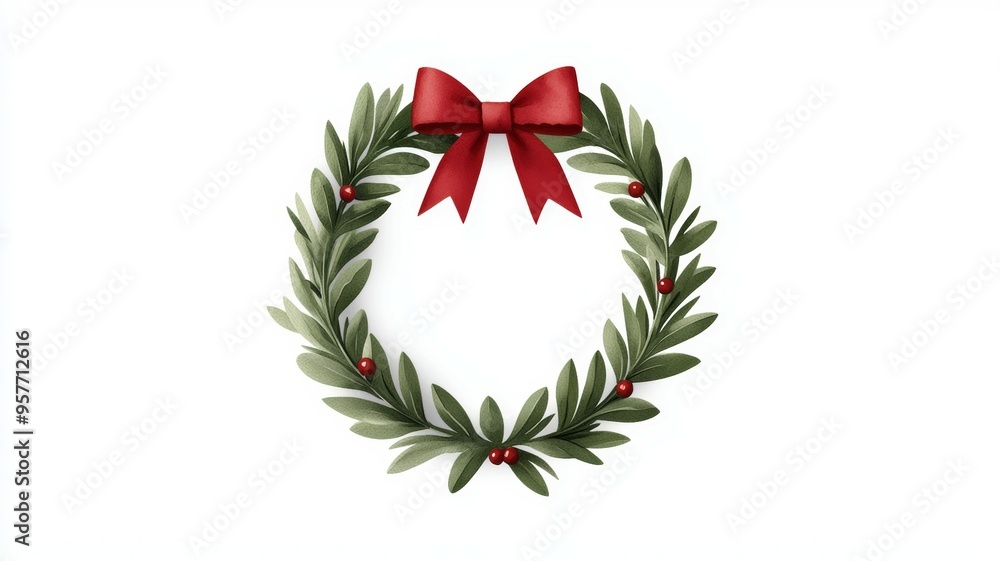 A wreath with red ribbon and green leaves A wreath with red ribbon and green leaves