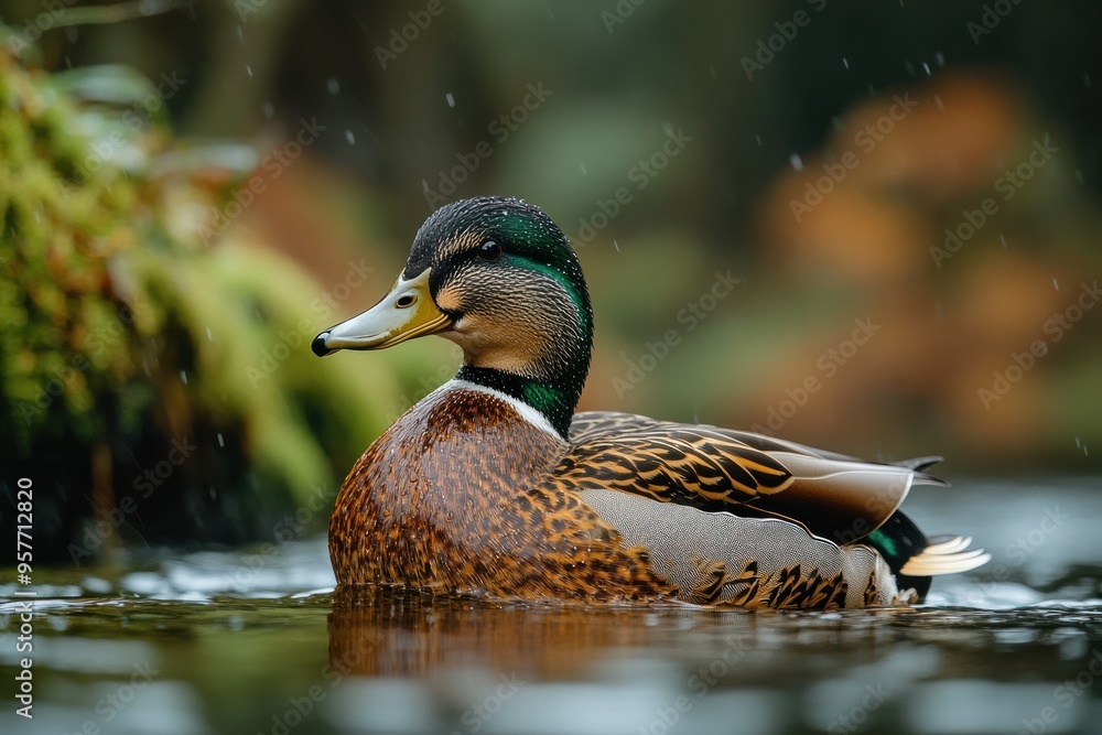 Fototapeta premium Mallard Duck Swimming in a Pond