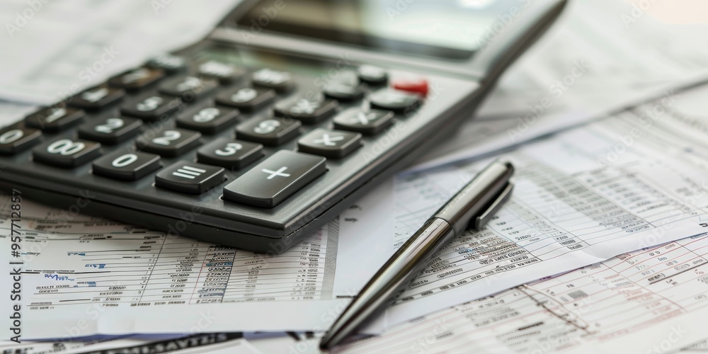 Retirement fund concept with a calculator and paperwork, emphasizing financial planning Retirement fund concept with a calculator and paperwork, emphasizing financial planning