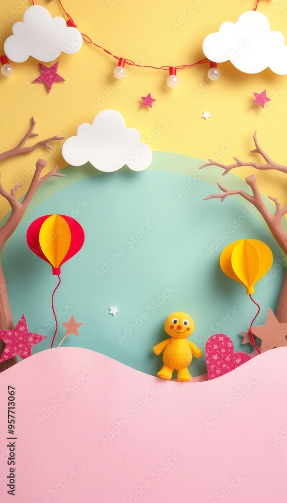 Paper craft toy character with heart and hot air balloons on colorful background. Paper craft toy character with heart and hot air balloons on colorful background.