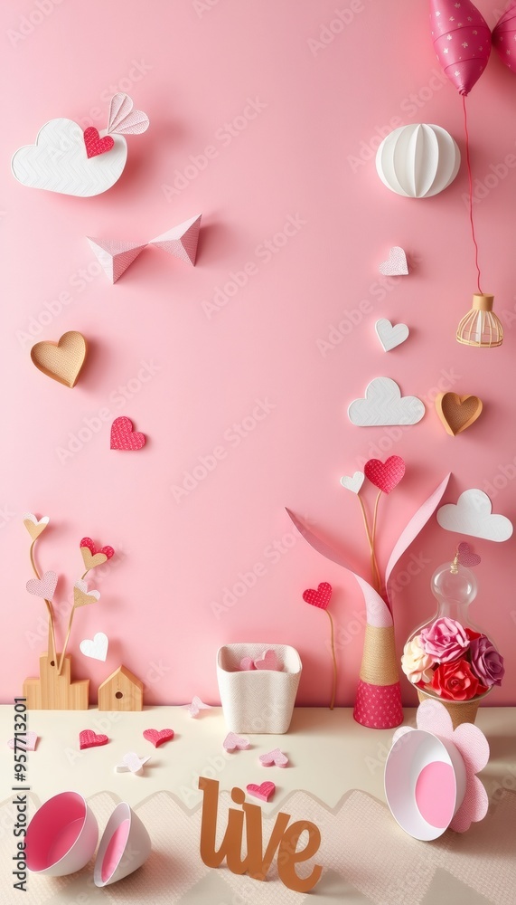 Pink and white hearts and flowers arranged on a pink background with the word 'live' in front. Pink and white hearts and flowers arranged on a pink background with the word 'live' in front.