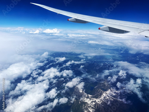 Aerial View of German Alps with Plane Wing