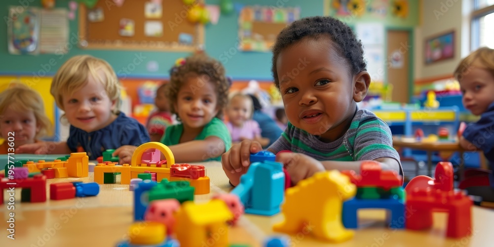 A group of preschoolers engaged in play-based learning activities in a colorful classroom, fostering early childhood education A group of preschoolers engaged in play-based learning activities in a colorful classroom, fostering early childhood education