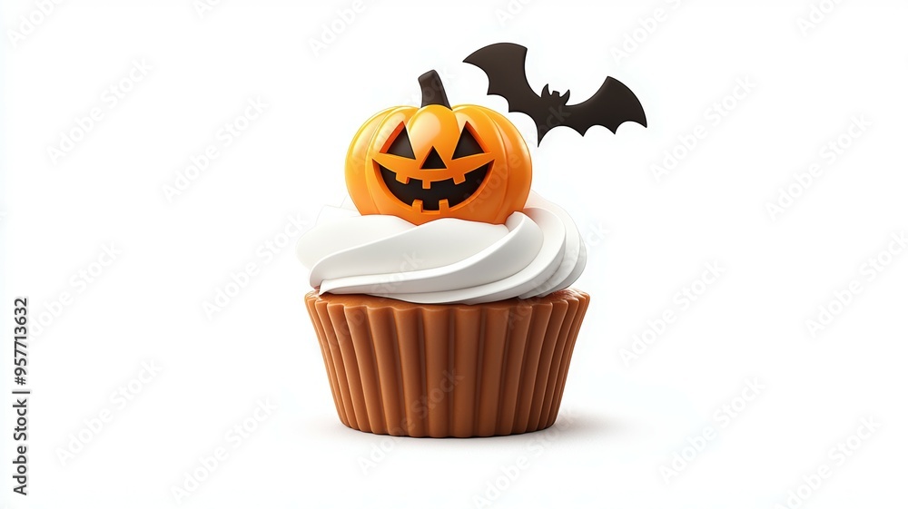 A cupcake with a pumpkin and a bat on top A cupcake with a pumpkin and a bat on top