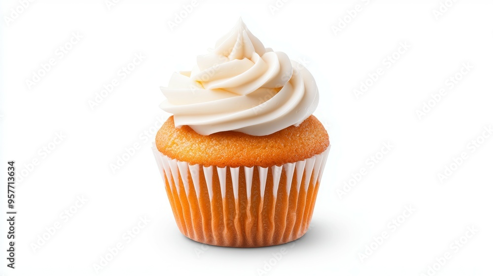 A cupcake with a white frosting and a white swirl on top A cupcake with a white frosting and a white swirl on top