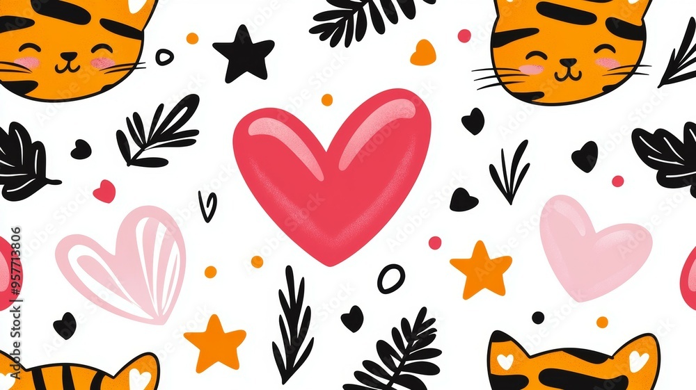 A pattern of hearts and stars with a cat and a tiger on it A pattern of hearts and stars with a cat and a tiger on it