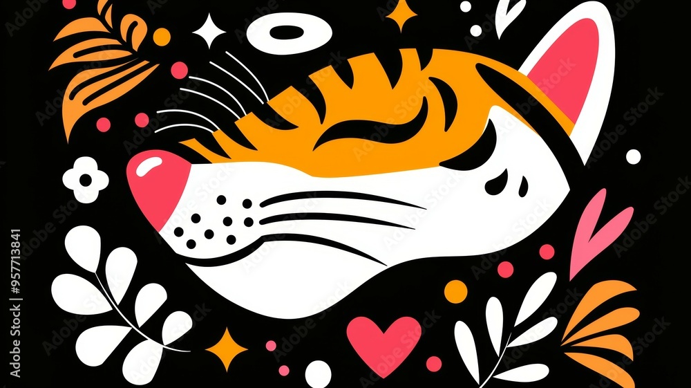 A cartoon drawing of a tiger with a pink heart on its face A cartoon drawing of a tiger with a pink heart on its face