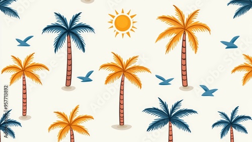 A tropical scene with palm trees and birds