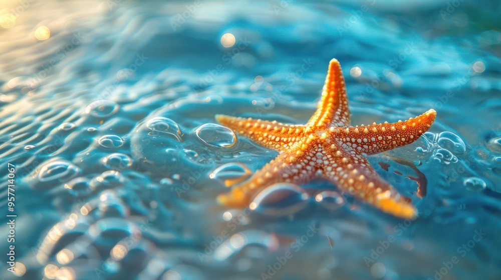 captures a moment of solitude, with the starfish resting on a water surface. The starfish, captures a moment of solitude, with the starfish resting on a water surface. The starfish,